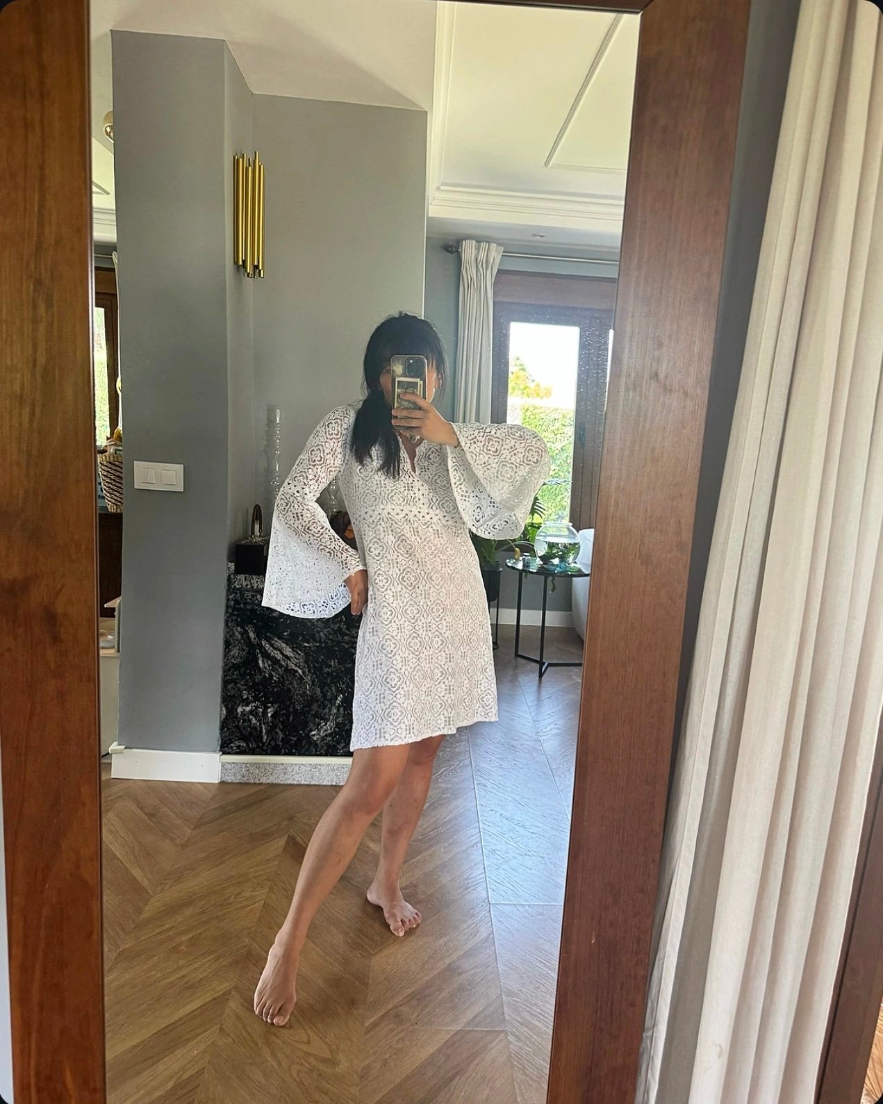 APR028 Brigitte Bardot Collection Saint-Tropez French Lace Calla-Sleeve Dress (with Slip Lining)