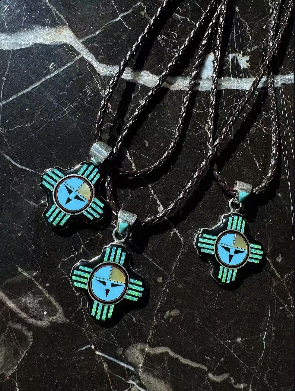 NE192 ZIA Ancient Sun God Ray Motif Pendant Necklace with Turquoise, Agate, Mother-of-Pearl & Opal Inlay Set on a Sterling Silver Base, with Leather Cord