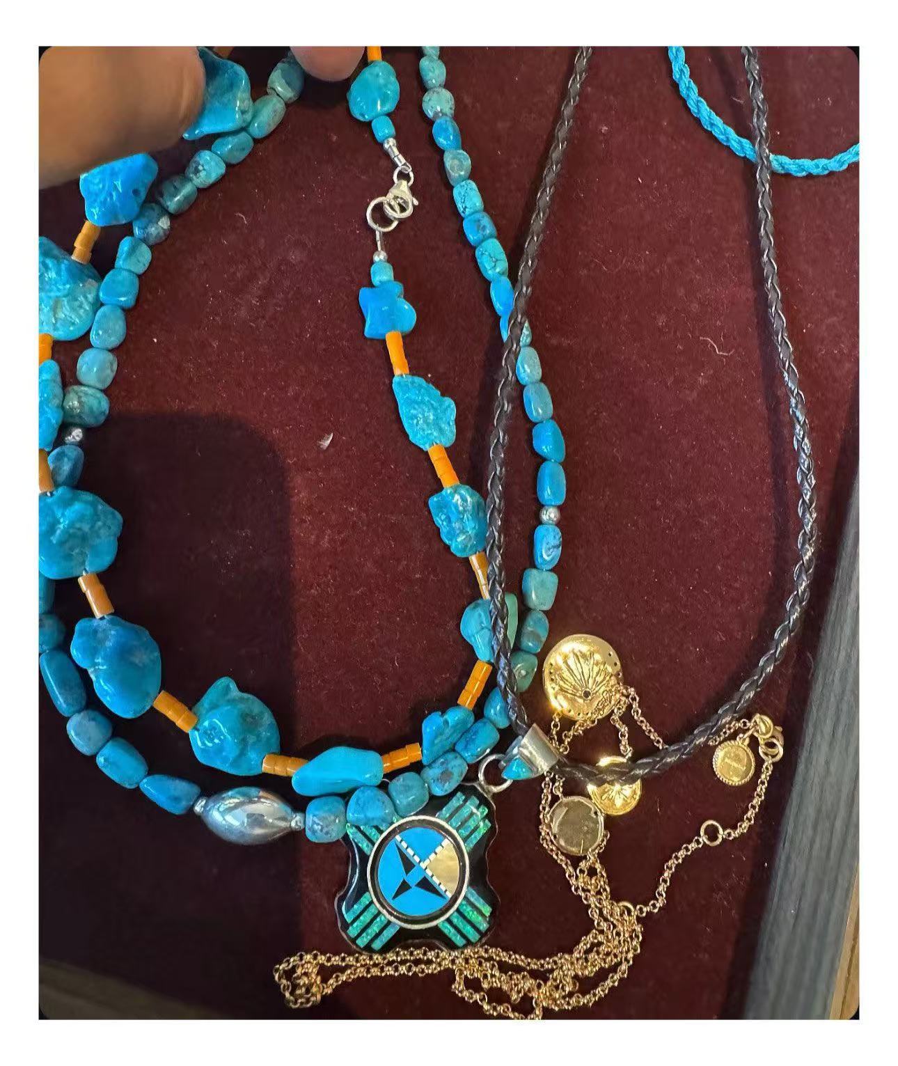 NE192 ZIA Ancient Sun God Ray Motif Pendant Necklace with Turquoise, Agate, Mother-of-Pearl & Opal Inlay Set on a Sterling Silver Base, with Leather Cord