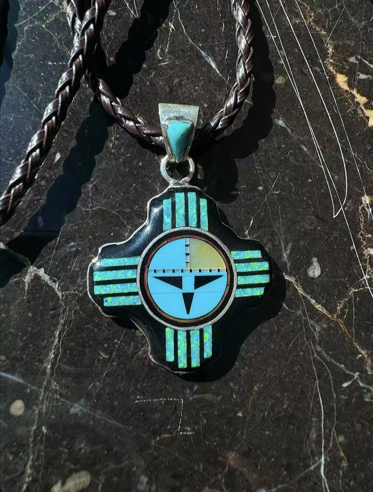 NE192 ZIA Ancient Sun God Ray Motif Pendant Necklace with Turquoise, Agate, Mother-of-Pearl & Opal Inlay Set on a Sterling Silver Base, with Leather Cord