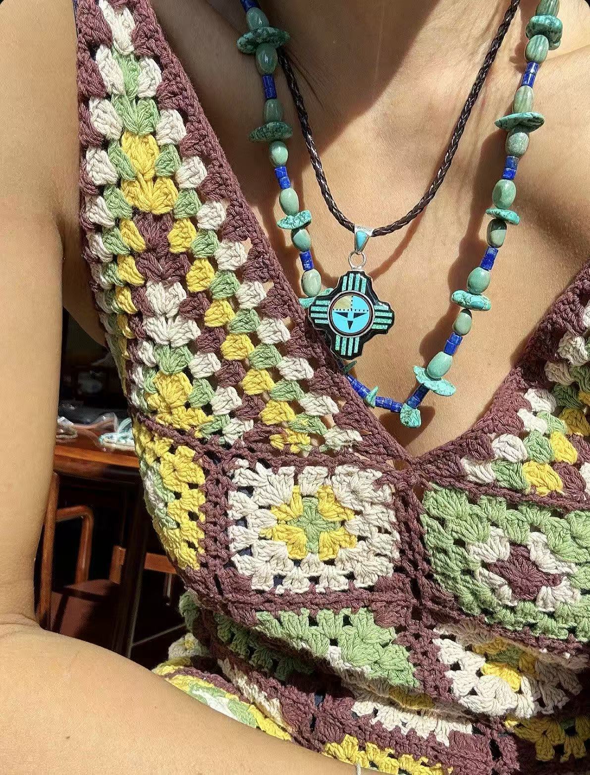 NE192 ZIA Ancient Sun God Ray Motif Pendant Necklace with Turquoise, Agate, Mother-of-Pearl & Opal Inlay Set on a Sterling Silver Base, with Leather Cord