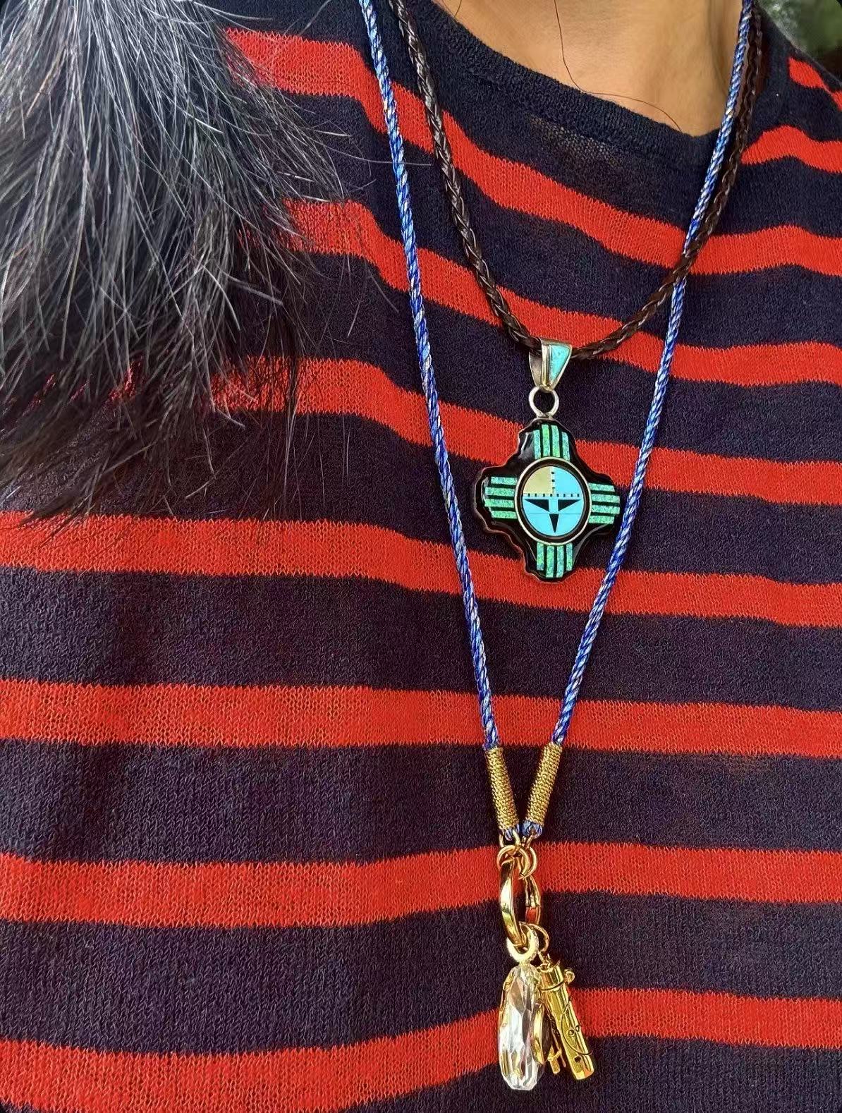 NE192 ZIA Ancient Sun God Ray Motif Pendant Necklace with Turquoise, Agate, Mother-of-Pearl & Opal Inlay Set on a Sterling Silver Base, with Leather Cord