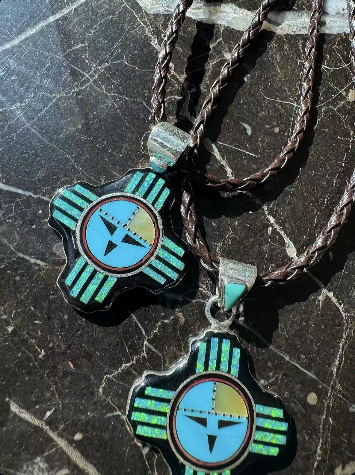 NE192 ZIA Ancient Sun God Ray Motif Pendant Necklace with Turquoise, Agate, Mother-of-Pearl & Opal Inlay Set on a Sterling Silver Base, with Leather Cord