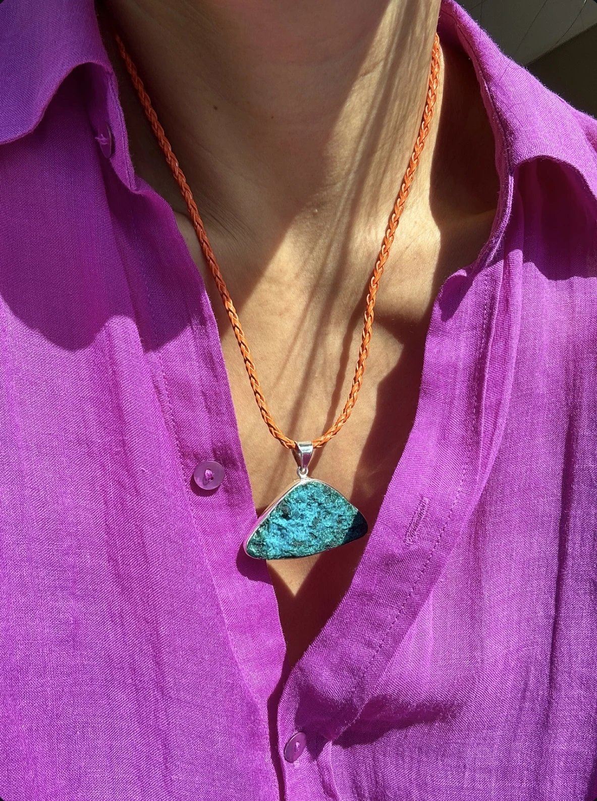 SNE080 Solomío One-of-a-Kind Collection Cincinnati Lapidary Workshop Hand-Polished Chalcosilicate Raw Stone & 925 Sterling Silver Pendant Leather Cord Necklace