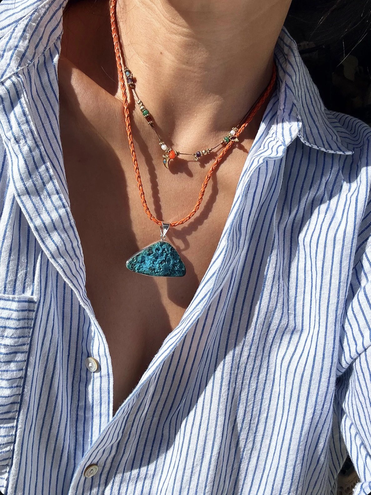 SNE080 Solomío One-of-a-Kind Collection Cincinnati Lapidary Workshop Hand-Polished Chalcosilicate Raw Stone & 925 Sterling Silver Pendant Leather Cord Necklace